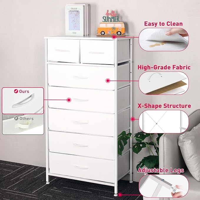 Mifuro Tall Dresser for Bedroom, Vertical Storage Organizer Tower with 7 Drawers, Chest of Drawers with Fabric Bins, Steel Frame, Wood Top for Bedroom, Closet, Entryway- White