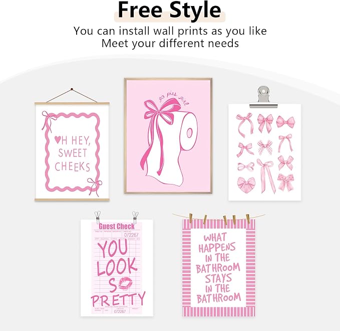 Pink Bow Bathroom Wall Art Decor Girl Coquette Posters Preppy Cute Pictures | Girly Bathroom Canvas Wall Art Pink Bowknot Aesthetic Poster Toilet Paper Prints for Washroom Restroom 8x10x6 Inch Unframed