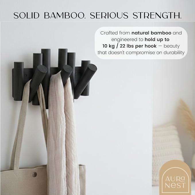 Bamboo Piano Coat Rack Wall Mount Pivoting Retractable Wooden Hooks for Entryway Hallway Mudroom Bedroom Bathroom | Matte Black Wood Hanger, 3 Hooks, Space Saving Organizer