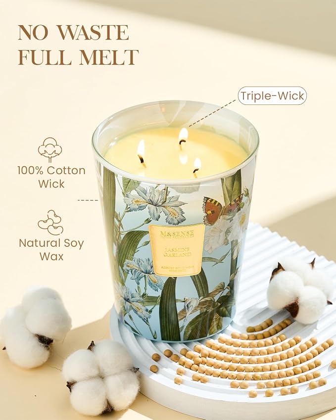 M&SENSE Jasmine Candles Highly Scented 3 Wick 35oz 150 Hours Burn Extra Large Jar Candles for Women, Natural Soy Wax Aromatherapy Candle for Stress Relief, Meditation, Yoga, Spa | 150H Slow Burn, Non-Toxic, Large Jar, Spa Stress Relief Home Fragrance, ...