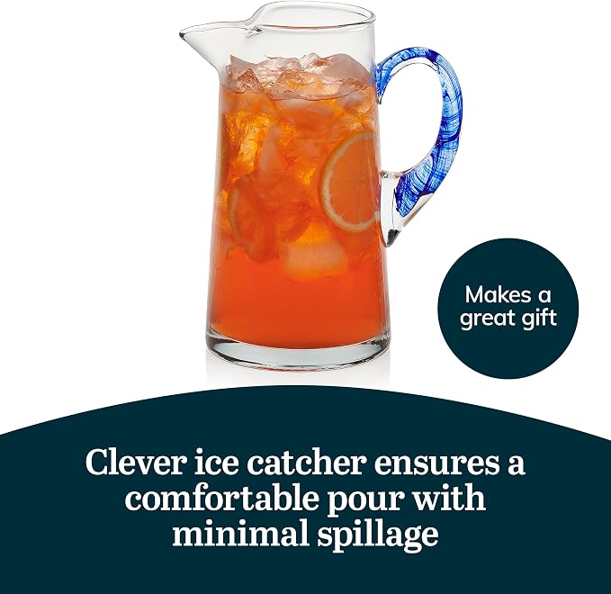 Libbey Cabos Glass Water Pitcher, 90 Oz Handcrafted Drink Pitchers with Spout and Blue Handle, Artisan-Inspired Glass Water Jar for Tables, Kitchen