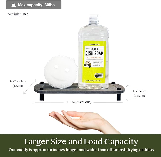 2PCS Water Absorbing Stone Soap Tray for Kitchen Bathroom Sink, Quick Dry Diatomaceous Earth Drying Rack and Shower Caddy, Soap Dispenser and Sponge Holder Organizer for Countertop, TWINKLE MOMENT; Dark Gray