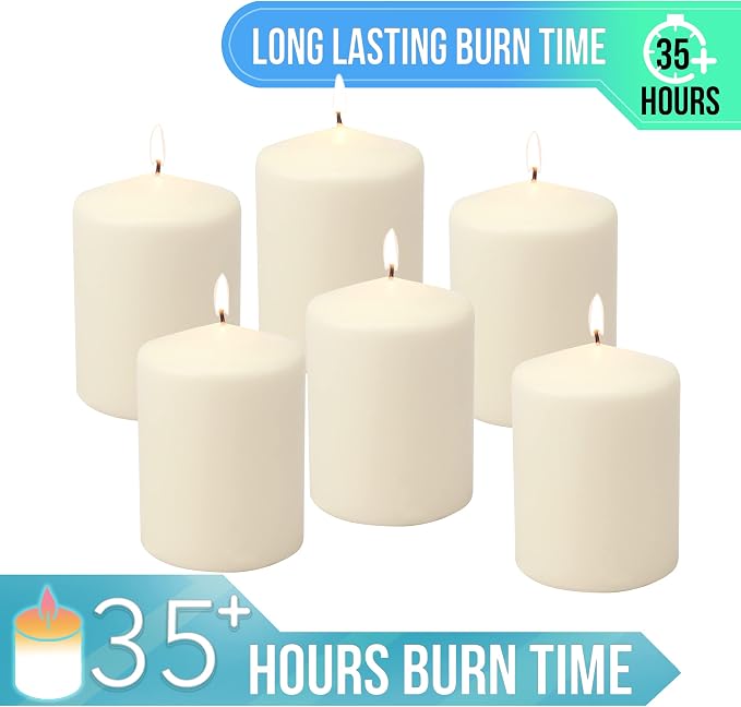 Stonebriar 35 Hour Long Burning Unscented Pillar Candles,3x4,Ivory,(Pack of 4)