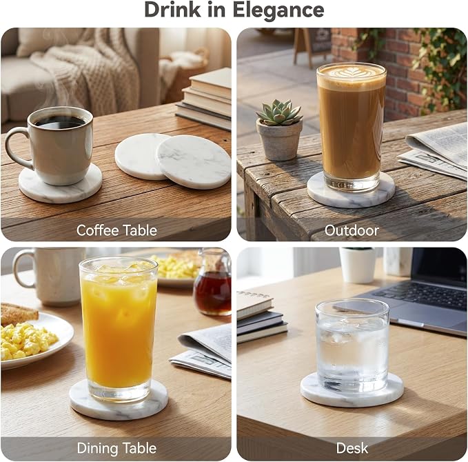 Soft White Marble Coasters Set of 6, Modern Elegant Drink Coasters for Coffee Table, 4" Round Polished Natural White Stone Coaster with Grey Veins - Heat Resistant, Non-Slip, Housewarming Gift