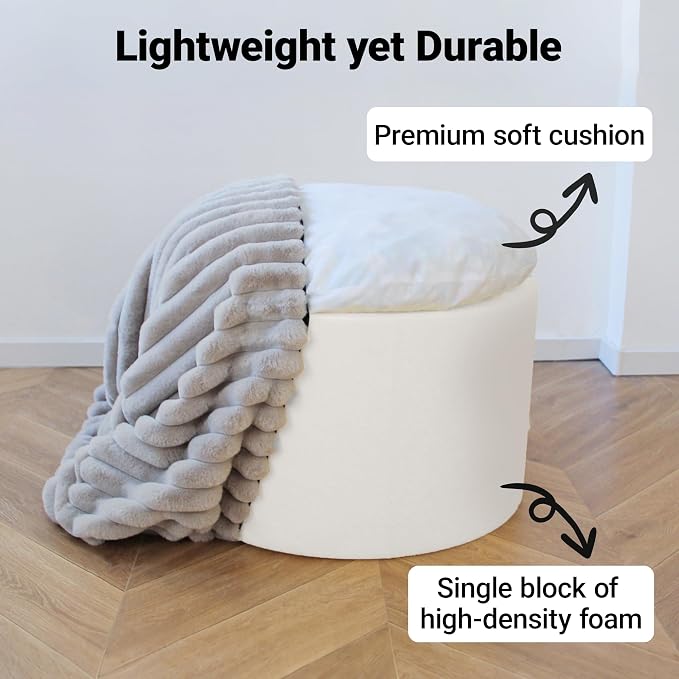 Round Stuffed Pouf Ottoman, Stripe Faux Fur Footrest, Solid Block Support+Soft Cushion Comfort, Removable Washable Cover, 20" Floor Pouf for Living Room Bedroom Dorm Vanity Under Desk, Gray