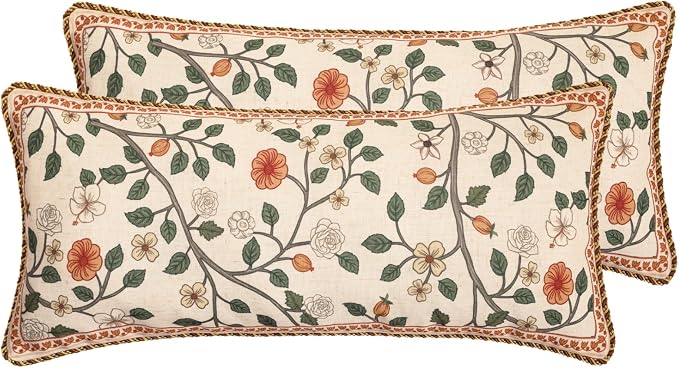 ISAENNE Designer Elegant Linen Throw Pillow Cover,Set of 2,28"x12"-Flora A | French Rectangle Decor Pillow Cover,Concealed Zipper Design,Floral Pattern,Sofa,Bedroom,Living Room,Lounge Chairs