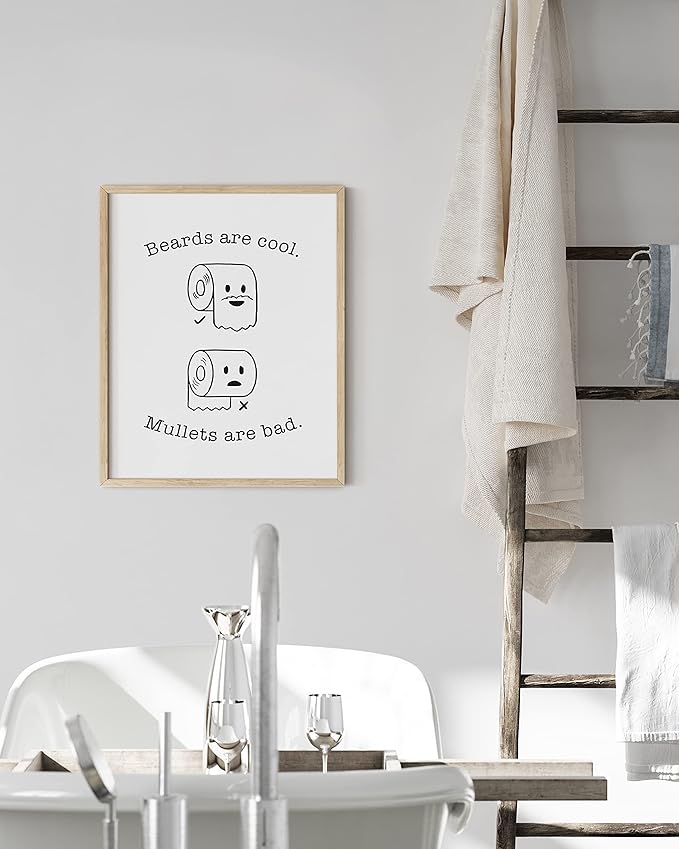 HAUS AND HUES Funny Bathroom Decor – Beard and Mullet Wall Art, Humorous Bathroom Sign, Fun Wall Print for Restroom or Home (12x16, Beige Frame)