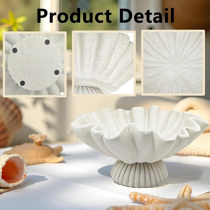 Decorative Bowl for Home Decor - Large Handmade Centerpiece Pedestal Bowl - 10" Key and Purse Wavy Shell Bowls - Scalloped Ruffle Coastal Coffee Table Bowls