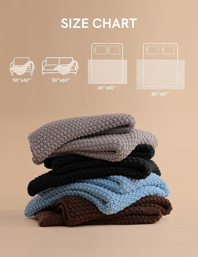 YnM Chunky Cotton Knit Throw Blanket, Cable Knit Throws for Bed Couch Sofa, Comfy & Relaxing, Decorative Piece for Farmhouse Modern Boho Rustic Scandinavian Chic Vibe, Black 80x87 Inches