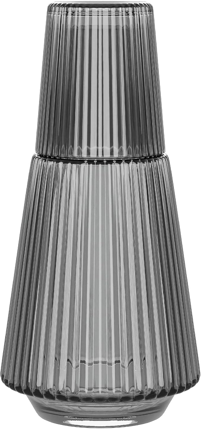 American Atelier 37 oz Vintage Bedside Water Carafe with Tumbler – 9.25" Ribbed Glass Pitcher with Cup Lid for Bedroom, Guest Room, Office, Vanity, Decorative & Practical Drinkware (Gray)