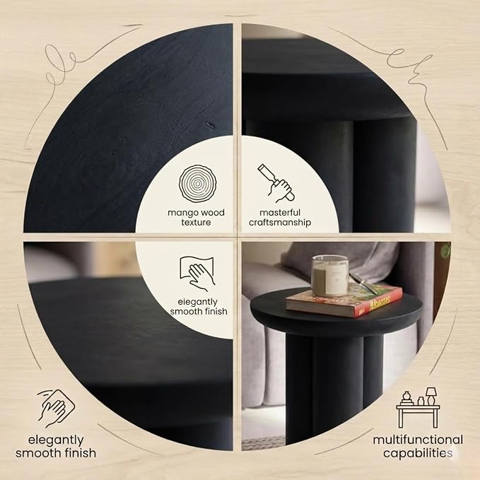 Relso Gaia Round End Table for Living Room and Bedroom, Solid Mango Wood Side Table or Nightstand, Black Finish, Compact Rustic Design, Boho Modern Farmhouse Style