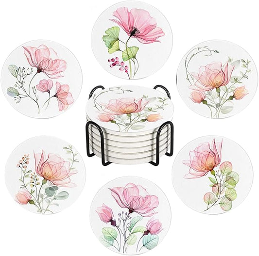 Drink Coasters for Drinks Set of 6, Watercolor X-ray Roses and Eucalyptus Absorbent Round Ceramic Stone Mat Coaster, with Cork Base and Metal Holder, Home Bar Decor House Warming Gift