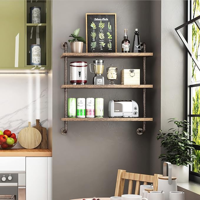 Helsin 3 Tier Industrial Pipe Shelf Rustic Wood Floating Shelves,Wall Display Bookshelf,Storage Rack Sundries Holder for Kitchen Office Bathroom Organization and Home Decor (32inch)