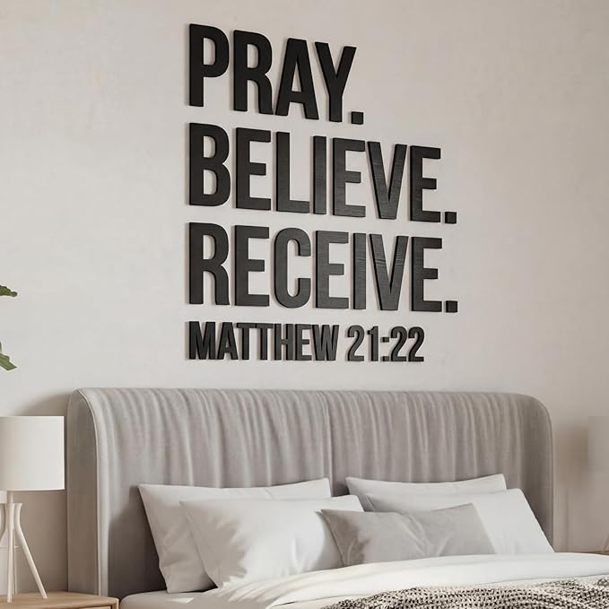 AceOrbit Christian Bible Verses Wall Art Decor Pray, Believe, Receive, 39.4" x 34.9" Wooden Religious Scripture Jesus Wall Decor 3D Letters Hanging Prayer Decoration for Church Home