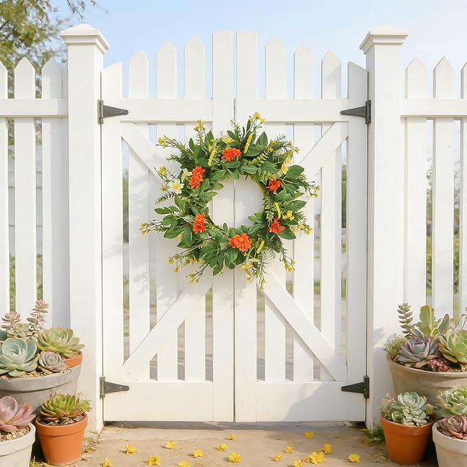 20 Inch Wreaths for Front Door, Spring Summer Flower Wreath - Red Daisy Artificial Flowers for Easter, Home Decor, Farmhouse Wall, Porch, Front Door Decorations