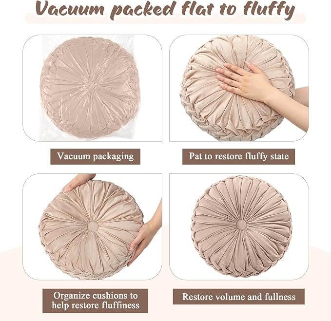 Drydiet 1 Pcs Round Throw Velvet Pillows Decorative Pleated Throw Pillows Diameter Accent Pumpkin Boho Chair Cushion for Couch Sofa Home Decoration (Greige,15'')