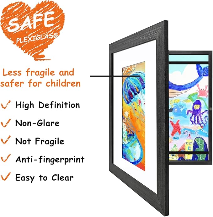KINLINK 8.5x11 Kids Art Frame Set of 2, Solid Wood Kids Artwork Frames Changeable with Front Opening Hold 150 Pictures, Art Frames for Kids Art with Mat，without Mat 8.5x11 Picture Frame Black Wood