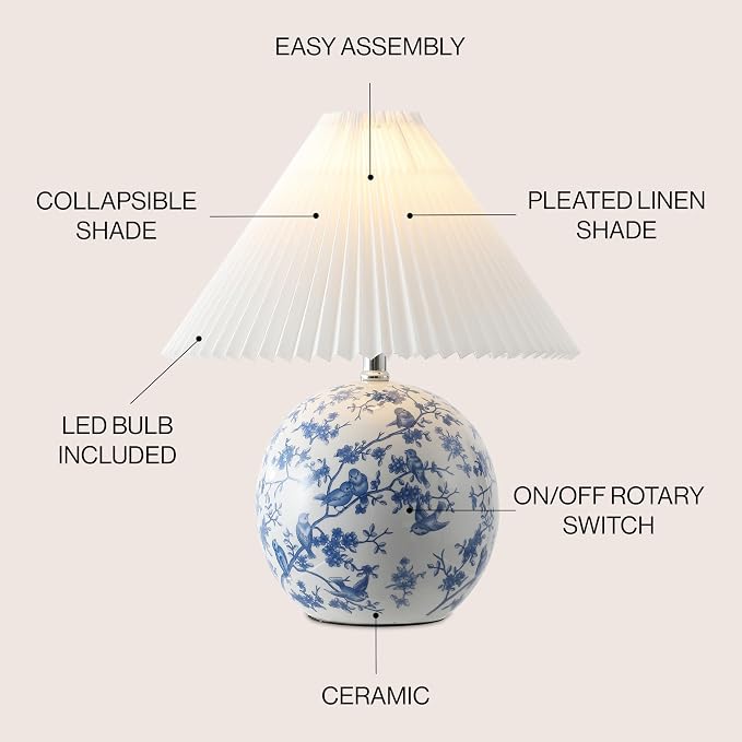 JONATHAN Y 19.5" White/Blue Shishen Chinoiserie Ceramic Table Lamp, Traditional Hand-Painted Floral Cottage Lamp with White Pleated Linen Shade, LED Bulb Included (JYL5056B)