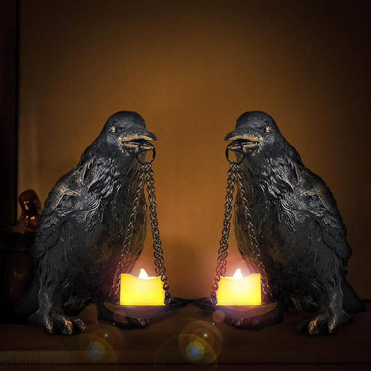 Raven Gothic Home Decor Fake Crow Light Holder Raven Lamp Tealight Candle Holder Resin Raven Statue Wearing Gold 2PCS