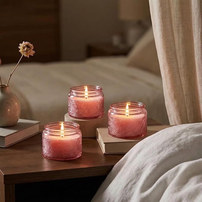 4 oz Pink Mandala Glass Candle Jars with Bamboo Lids, 18 Pack | Patented Embossed Design, Includes Wick Centering Devices & Warning Labels, Multiple Color Options