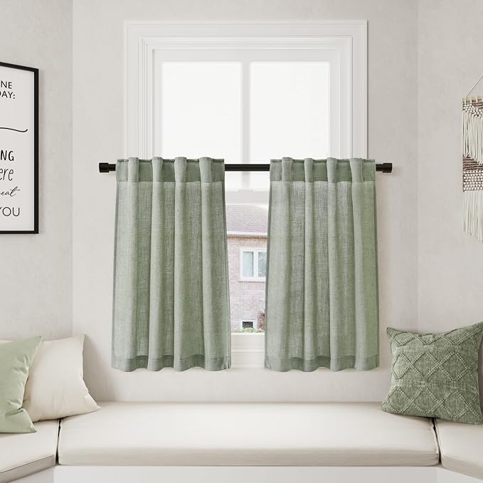 Desert Sage Cafe Curtains 30 Inch Length Linen Privacy Light Filtering Pleated Short Curtain Rod Pocket Back Tab Design Shabby Chic Kitchen for Bathroom Laundry Room Small Window 2 Panels 26Wx30L