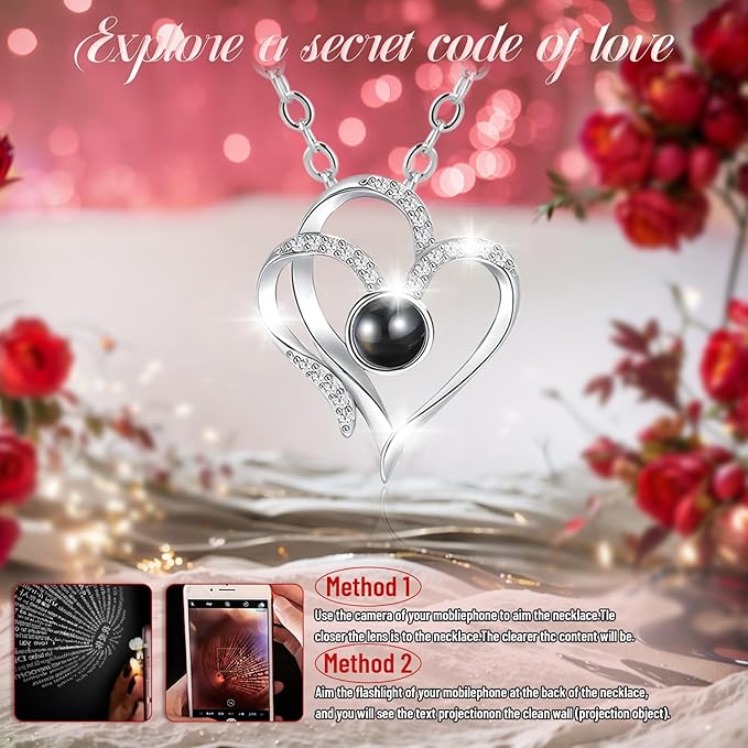 Pasuvsigt Valentines Day Rose Gifts for Her, Preserved Real Rose with I Love You Heart 100-Language Necklace, LED Lights & Music Box, Anniversary Birthday Valentines Gifts for Women Girlfriend Mom