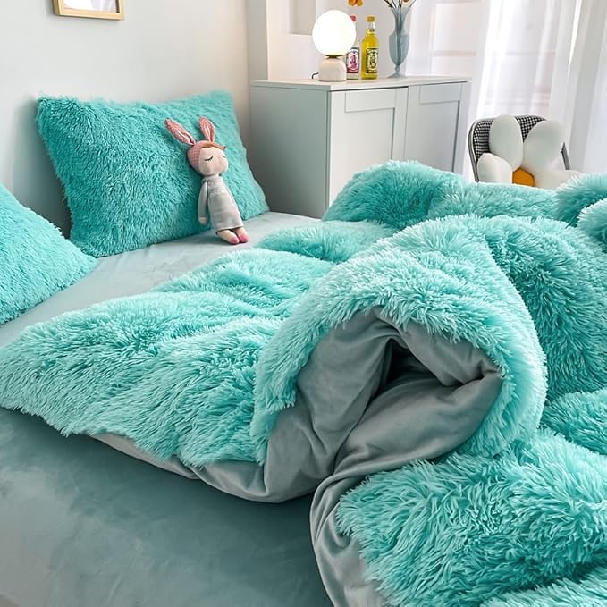 chovy Faux Fur Plush Sky Blue Comforter Sets King - Ultra Soft Shaggy Flannel Velvet Fluffy Fuzzy 3PC Bedding Set (Comforter x 1 Pillowcases x 2)