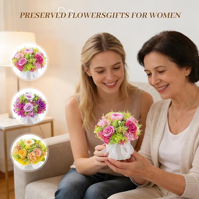 Preserved Flower Bouquet with Vase for Delivery Prime, Natural Forever Rose (Purple Eternal Floral Arrangement)