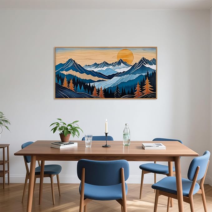 Boho Vintage Mountain Framed Canvas Wall Art Set, Blue Abstract Ridge Wall Decor,Woodcut Pine Tree Landscape Wall Painting,Sunrise Forest Art Print for Living Room,Bedroom,Office-20 X40
