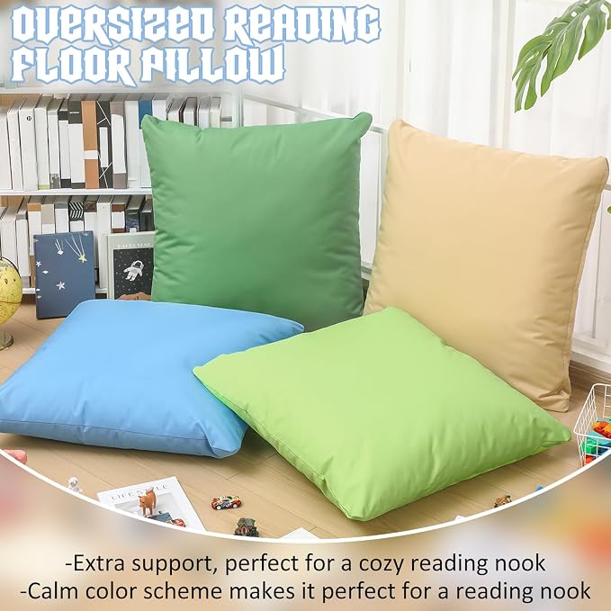 CroBlissful 4 Pieces Extra Large Floor Pillow Set, 27 x 27 x 8 Inch Kids Jumbo Floor Pillows Flexible Seating for Classroom Reading Corner Playrooms Home School, Waterproof(Muted Colors)