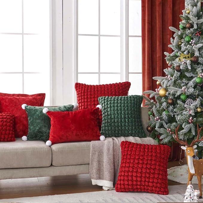 Christmas Throw Pillow Covers 18x18 Set of 2 Velvet Square Pillowcase Soft Thickened Decorative Farmhouse Cushion Covers Bubble Texture for Couch Sofa Bedroom Living Room,Red