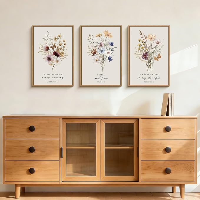 Boho Christian Floral Scripture Wall Art Set of 3, Bible Verse Flower Painting, Religious Wildflower Artwork for Living Room, Bedroom, Fireplace, Modern Botanical for Home Decor- 24"X36"