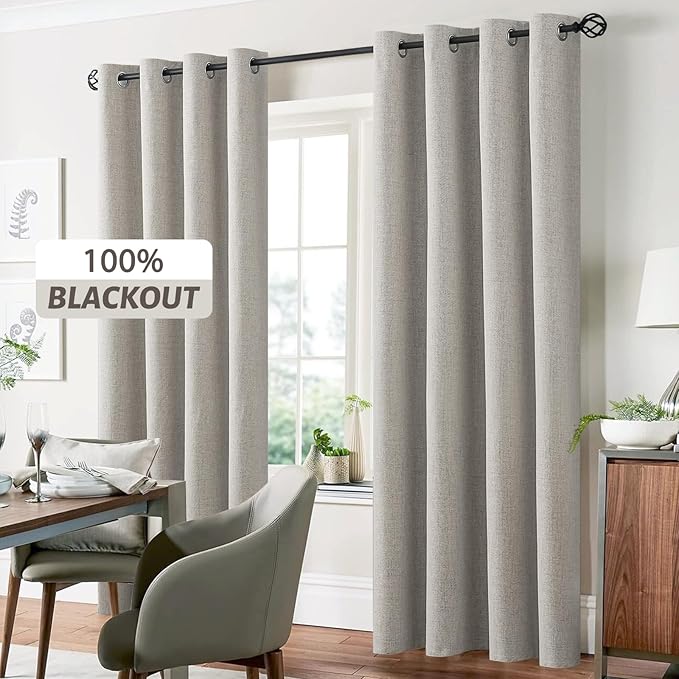 Yakamok Oatmeal Linen Curtains 100% Blackout 84 Inches Long,Room Darkening Textured Curtains for Living Room Thermal Grommet Bedroom Curtains 2 Panels with White Liner