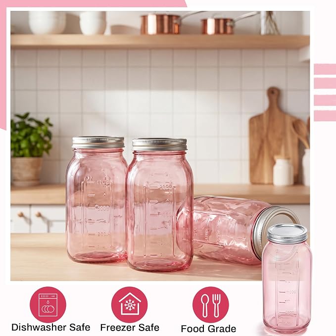 Norme 3 Pcs 64 oz Glass Mason Jars Glass Mason Jars Canning Container Set Embossed Half Gallon Fermenting Container with Airtight Lids for Canning Freezing Preserving Beverages Decor (Pink)