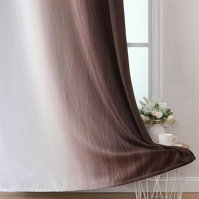 Estelar Textiler Brown and Greyish White Ombre Blackout Curtains for Bedroom, Full Room Darkening Grommet Curtains for Living Room, Thermal Insulated Light Blocking Gradient Drapes, 42Wx63L,2 Panels