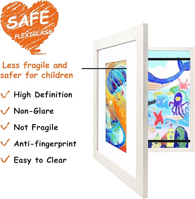 KINLINK 8.5x11 Kids Art Frame Set of 2, Solid Wood Kids Artwork Frames Changeable with Front Opening Hold 150 Pictures, Art Frames for Kids Art with Mat，without Mat 8.5x11 Picture Frame White Wood