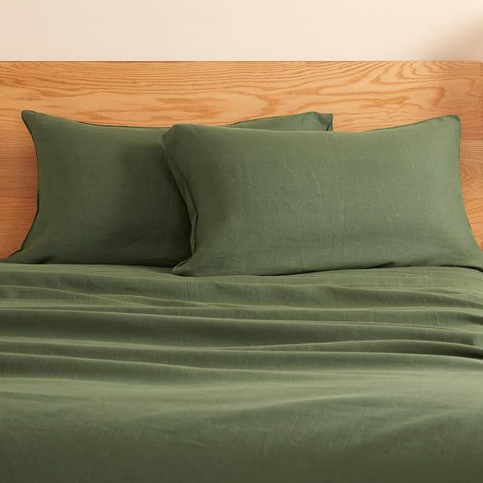 DAPU 100% Linen Pillowcases 20x40 Inches Pillow Cases (Pack of 2) with Envelope Closure, Stone Washed Breathable and Cooling (Olive Green, King)