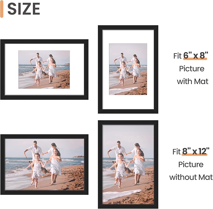 upsimples 8x12 Picture Frame, Display Pictures 6x8 with Mat or 8x12 Without, Wall Hanging Photo Frames, Black, 1 Pack
