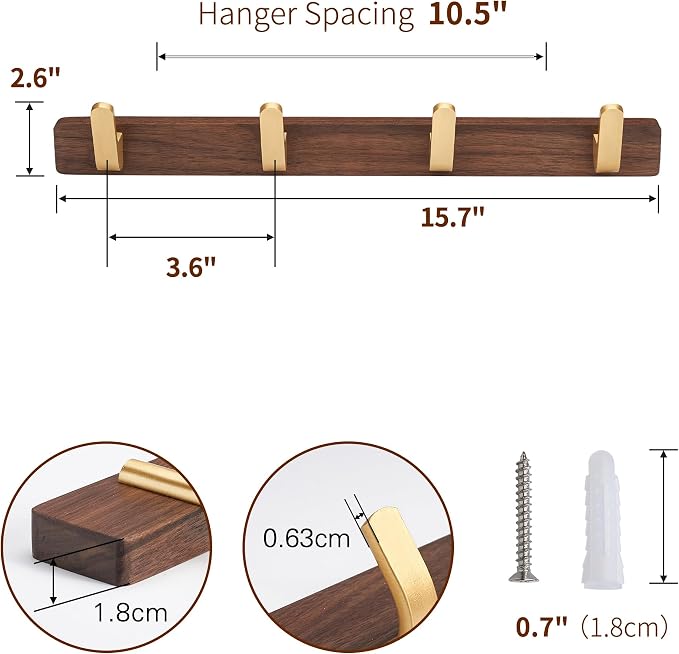 Wall Mounted Coat Rack, Entryway Hanging Coat Rack, Metal Wood Coat Rail with 4 Rustic Hooks Rail for Coat, Scarf, Bag, Towel, Key, Cap, Hat, Walnut Gold Matt