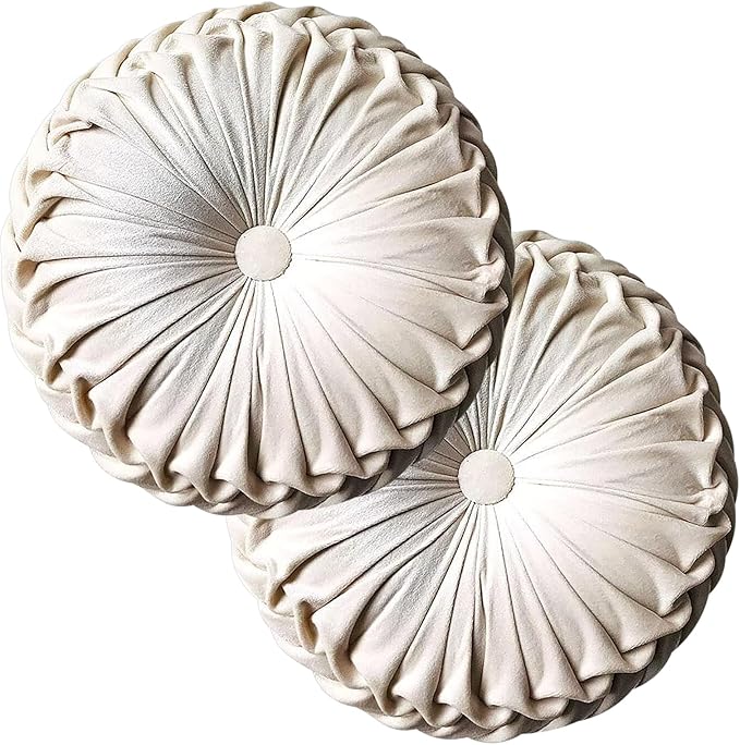 Teieas 2 Pcs Round Throw Pillows Decorative Pumpkin Velvet Boho Pleated Bed Pillows Back Support for Couch Chair Dorm Car 14.96'' (Beige)