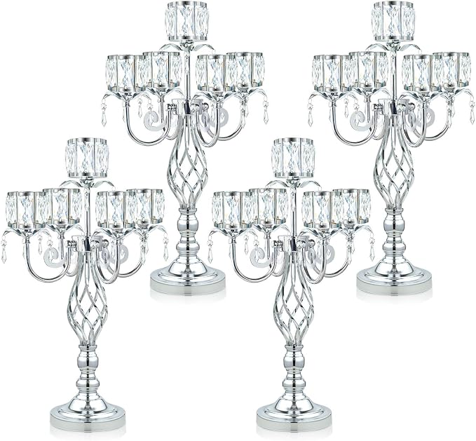23.2 inch Tall Elegant and Chic 5 Arm Pendant Crystal Candlestick Holder Table Decoration tealight Candle Holder, Candelabra for Gorgeous Wedding/Parties Table Centerpiece (4, Silver)