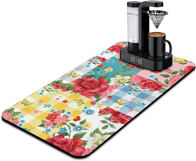 Coffee Mat 17inx31.5in, Multicolor, Modern, Floral Pattern, Absorbent, Anti-Slip, Waterproof, Machine Washable, Dish Drying Mat for Kitchen Countertops