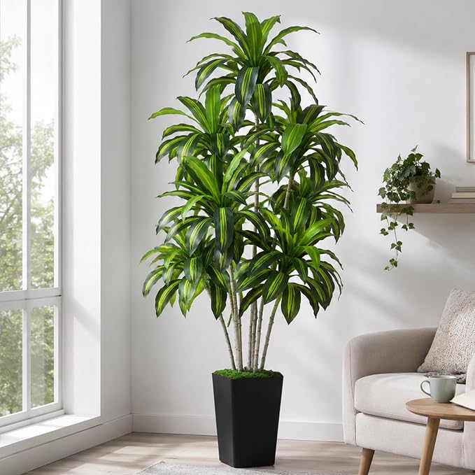 Dracaena Plant Artificial Tree 7Ft Tall Fake Tropical Floor Plants Potted (Real Touch) Artificial Silk Tree Leaf Faux Trees Black Tall Planter for Home Office Living Room Indoor Outdoor Decor