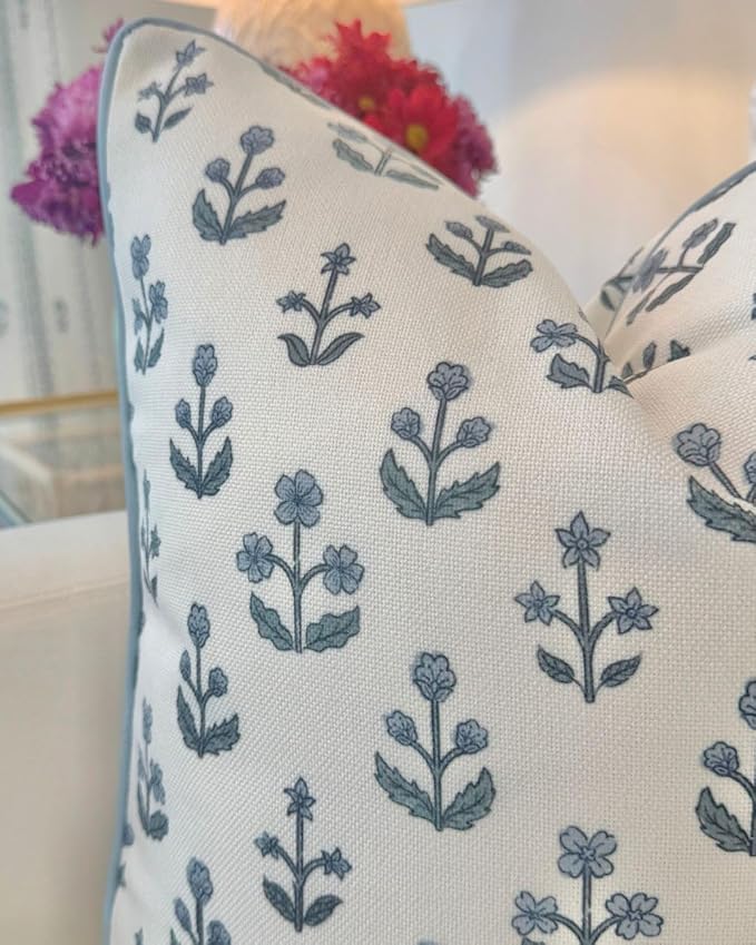 Jillien Harbor "The Beau” Floral Block Print Pillow Cover – Blue Decorative Throw Pillow Cover with White Background – Grandmillennial Home Decor, 20" x 20"