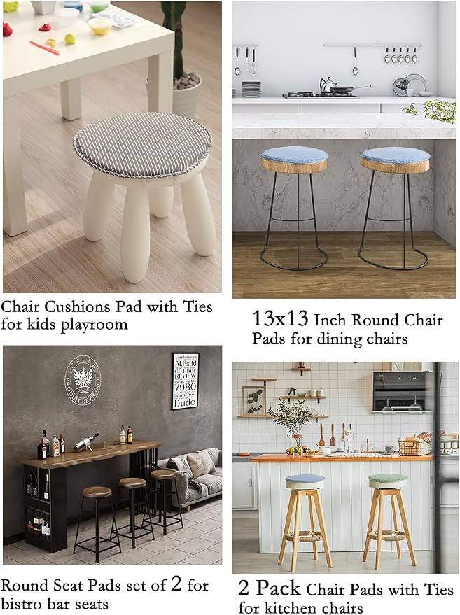 Round Stool Chair Cushions for Kitchen Dining Seat Pads with Ties 2 Pack Non Slip Cushions Pad for High Stool Chairs Bistro Bar Seat 13 Inch, Grey Strip