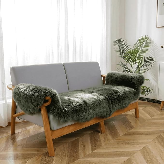 AOGELAN Premium Genuine Fur Sheepskin Rug, Real Australia Sheepskin Natural Luxury Fluffy Lambskin Fur Area Rug Seat Covers for Kids Bedroom Sofa Chair Cover (Dark Green, Double Pelt/2ft x 6ft)