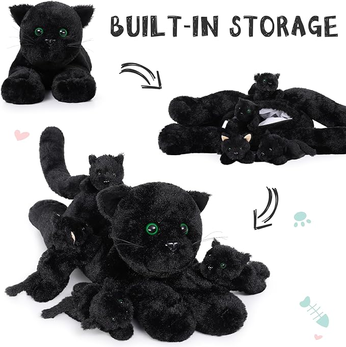 MaoGoLan 5Pcs Black Cat Plush with 4 Babies Inside - 20" Big Black Cat Stuffed Animals - Realistic and Soft Halloween Plushies Gift for Cat Lover,Women,Girls,Kids