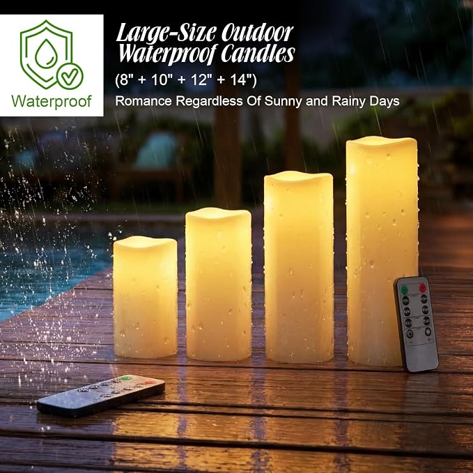 Rossesay 8" 10" 12" 14" x 4" Large Waterproof Outdoor Flameless Candle, 4 Pcs LED Pillar Candle with Remote and Timer Battery Operated Jumbo Flickering for Halloween Xmas Church (Ivory White, Vivid)