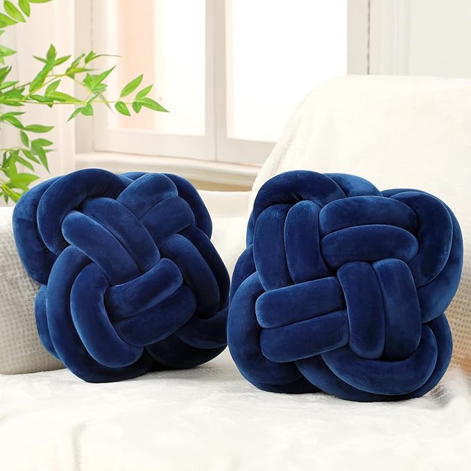 Beeveer 2 Pcs Knot Pillow Balls Set, 12 Inch Soft Decorative Throw Knot Pillow Ball, Large Square Knotted Floor Cushion for Living Room Bedroom Sofa Couch Bed Home Decoration (Navy Blue)