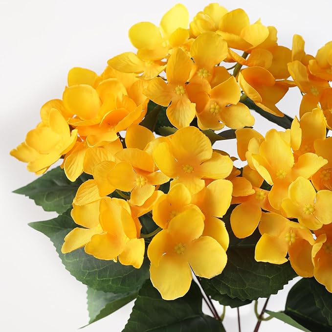 FOTEEWL 16 Bundles Artificial Hydrangea Flowers for Outdoor Decor, Realistic Faux Silk Bouquets Sun-Resistant Fake Plants for Front Door Balcony Farmhouse Garden Home Spring Summer Decor (Yellow)